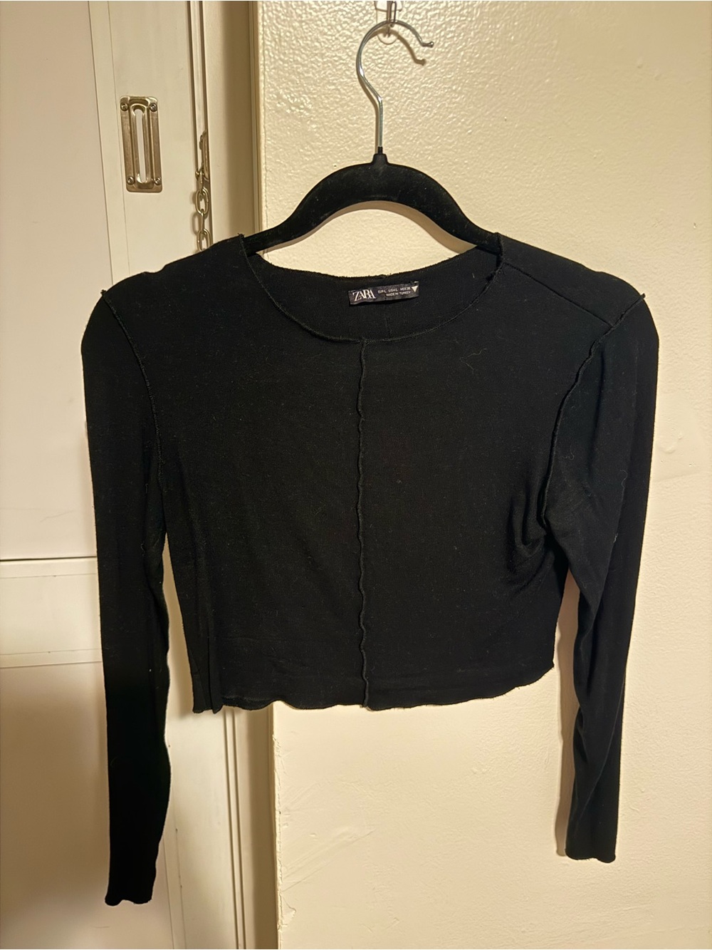 ZARA Black Long-Sleeve Cropped Ribbed Seam Top